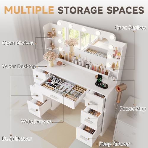 YESHOMY Vanity Desk with Large Lighted Mirror, Power Outlet and 11 Lights, Makeup Table with 7 Drawers and 3 Desktup Storage Units, 3 Color Modes Available for Bedroom, White YESHOMY
