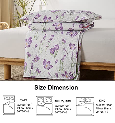 Ycosy Quilt Set King Size Floral Bedspread Coverlet King Quilts Set Bedding Summer Lightweight Floral Quilt Bedding Reversible Quilt Bedspread Plant Green Leaves Purple Flower Home Quilts Collections Ycosy