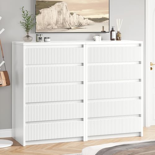 Jocoevol White Dresser 5 Drawer Dresser for Bedroom, Modern Fluted Dresser with Deep Drawers and Mirror, Wooden Dresser Chest of Drawers for Living Room, Hallway, Entryway Jocoevol