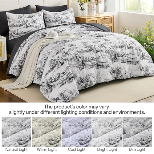 WONGS BEDDING Queen Comforter Set 7 Pieces, Black and White Botanical Bed in a Bag, Farmhouse French Toile Floral Bed Set WONGS BEDDING