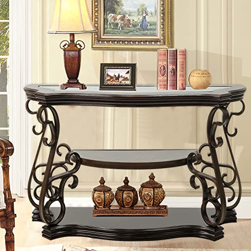Goujxcy Elegant Retro Console Table, 3-Tier Traditional Rectangle Sofa Table with Tempered Glass Top, Mid-Marble Shelf, Vintage Accent Entryway Table for Living Room Hallway, Easy Assembly Goujxcy