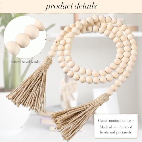Geetery 6 Pcs Beads 58'' Wood Bead Garland with Tassels Rustic Country Decor Prayer Boho Beads Big Wall Hanging Decor Farmhouse Beads Versatile Prayer Beads for Home Wall Table Decor (White) Geetery