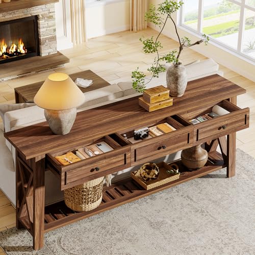 Tribesigns Console Table with 3 Storage Drawers, 70.87 Inches Extra Long Sofa Table Behind Couch with Bottom Shelf, Farmhouse Wooden Entryway Hallway Foyer Table for Living Room, Entrance (Walnut) Tribesigns