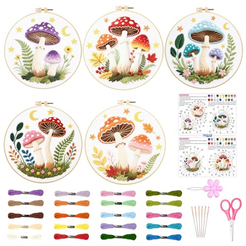 ORIGACH 5 Pack Mushroom & Plants Embroidery Kits for Beginners DIY Starter Hand Embroidery Kit with Floral and Plants Patterns and Instructions for Adults Women Crafting