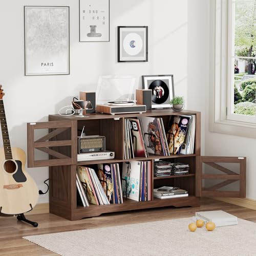 VAXZOFI Large Record Player Stand with Vinyl Storage, 500+ Vinyl Record Storage Cabinet, 47 Inch Record Player Table with Power Outlet, Farmhouse Wooden Turntable Stand for Living Room, Walnut VAXZOFI