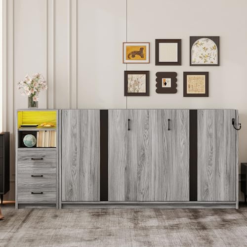 FAVSH Twin Size Murphy Bed with 3 Drawers and LED Light, Wooden Wall Beds can be Folded into a Cabinet,Space-Saving Hidden-Bed,Grey FAVSH