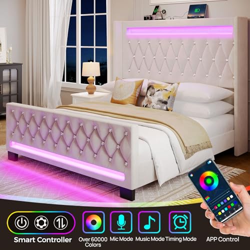 Rolanstar Queen Bed Frame with LED Light and Charging Station, Upholstered High Headboard and Footboard, Wood Slats, Noise Free, Easy Assembly, Beige Rolanstar