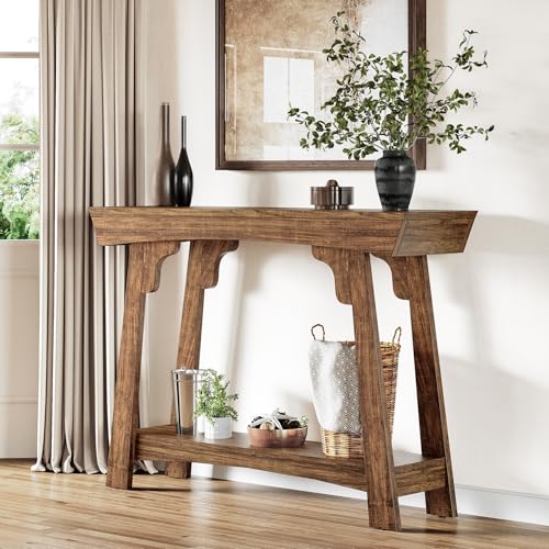 LITTLE TREE 2-Tier Wood Console Table Behind Couch, Small Entryway Table with Storage, Farmhouse Narrow Sofa Table for Hallway, Living Room, Rustic Brown LITTLE TREE