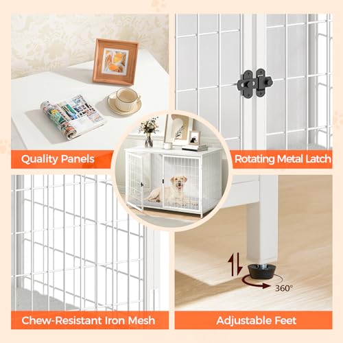 MAHANCRIS Dog Crate Furniture with Cushion, Wooden Dog Kennel with Double Doors, Heavy Duty Dog Cage for Small/Medium/Large Dogs, Indoor Dog House End Table, 39.4" L, White DCBW10701 MAHANCRIS