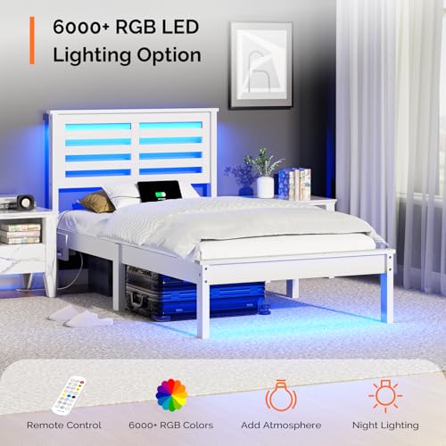 VINGLI LED Twin Bed Frame Set of 2 Solid Wood Platform Single Bed with Headboard USB Charging Station,Panel Bed, Wood Slat Support Mattress Foundation, White VINGLI