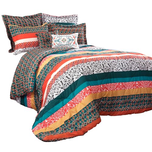 Lush Decor Boho Striped Reversible 7 Piece Comforter Bedding Set, King, Turquoise & Tangerine Lush Decor