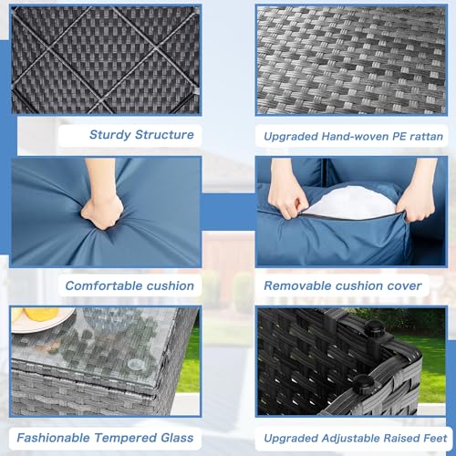 Shintenchi 5 Pieces Outdoor Patio Sectional Sofa Couch, Silver Gray PE Wicker Furniture Conversation Sets with Washable Cushions & Glass Coffee Table for Garden, Poolside, Backyard (Aegean Blue) Shintenchi