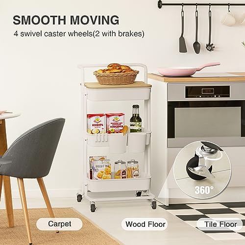 DTK 3 Tier Rolling Utility Cart with Cover Top - Versatile Kitchen and Home Storage Solution in White DTK