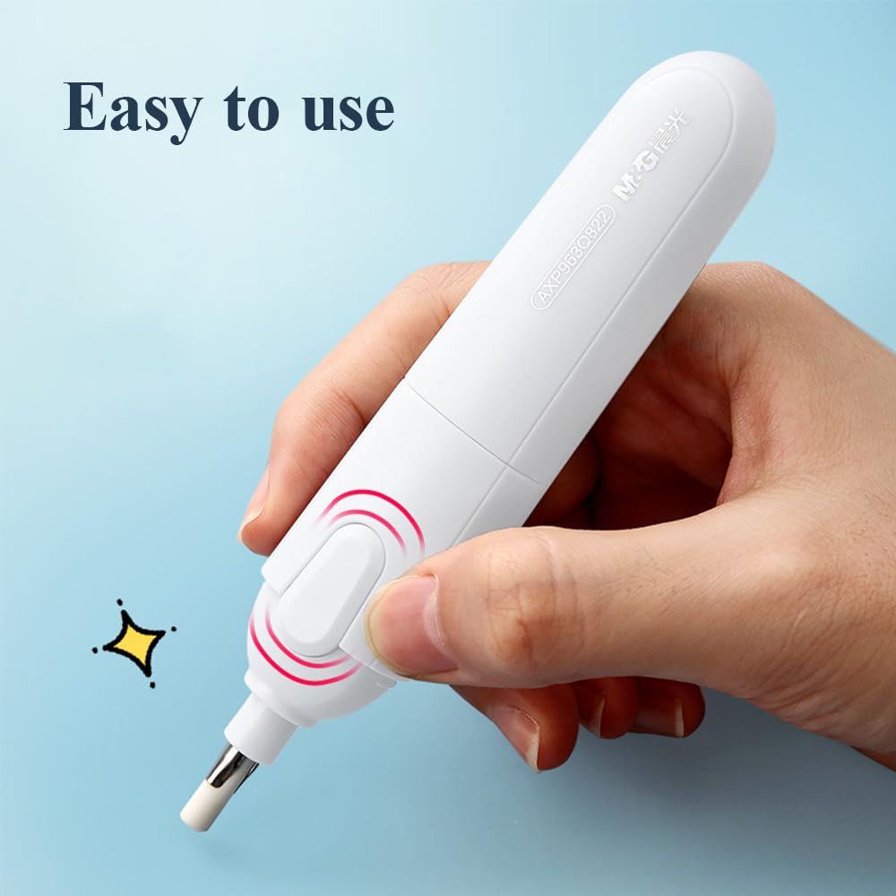 M&G Electric Eraser for Artists, Rechargeable 60 Eraser Refills, Automatic Portable Plastic Pen, Requires 2 AAA Batteries (Not Included), Battery Operated for Drafting, Sketching, Painting (White) M&G