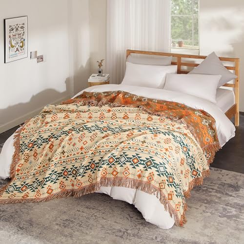 Boho Throw Blanket for Bed 80”x90”, 100% Cotton Woven Blanket for Couch Sofa, Ultra Soft 4-Layer Muslin Quilt with Diamond Pattern, Farmhouse Bed Blanket/Cover for Living Room Decor SE SOFTEXLY