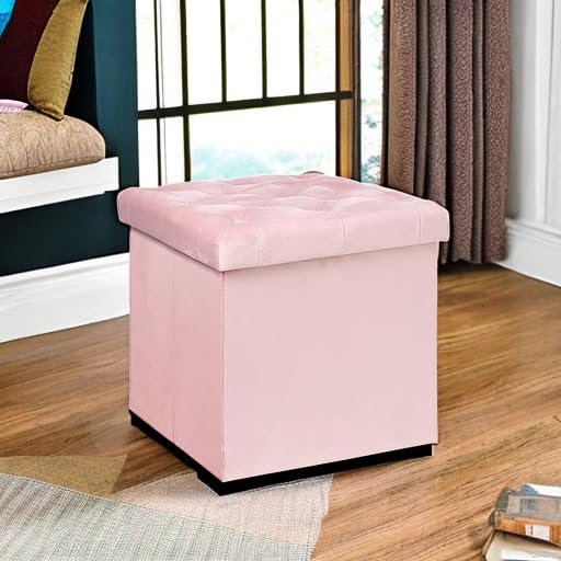 B FSOBEIIALEO Storage Ottoman Cube, Velvet Tufted Folding Ottomans with Lid, Footstool Rest Padded Seat for Bedroom (Pink, Medium) B FSOBEIIALEO