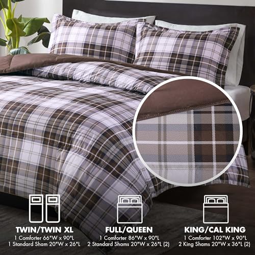 Madison Park Essentials Parkston Plaid Comforter, Matching Sham, 3M Scotchguard Stain Release Cover, Hypoallergenic All Season Bedding-Set, Full/Queen, Brown, 3 Piece Madison Park