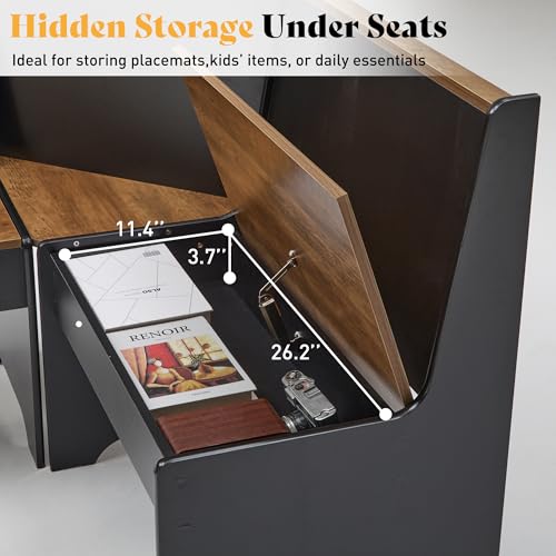AMERLIFE 3-Piece Breakfast Nook Dining Set, L-Shaped Corner Bench with Hidden Storage, Space-Saving Kitchen Table Set for Small Spaces, Black & Oak AMERLIFE