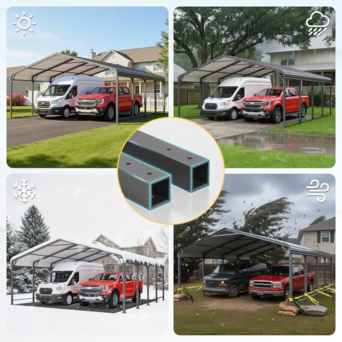 20x20 FT Metal Carport with Updated Roof & Enhanced Base, Heavy Duty Canopy Carport Garage, Vertaile for Car, Truck, Boat, Tractors, Party, Grey Wisteria Lane