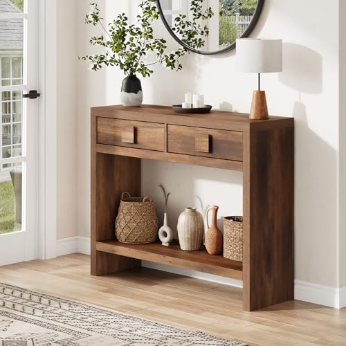 ONBRILL Console Table with Drawers, 40 Inch Narrow Entryway Table with Open Storage Shelves, Mid Century Modern Hallway Accent Tables Behind Couch Table for Living Room (Vintage Brown) ONBRILL