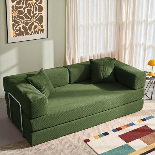 YINIX Foldable Sofa Bed, 78'' Folding Floor Couch, Compressed Convertable Sleeper Sofa, Memory Foam Couch with Pillow Back Support Armrest, 4-in-1 Futon Sofa Bed for Living Room, Green YINIX