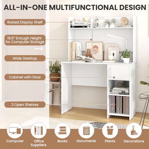 Tangkula Computer Desk with Hutch, Home Office Desk with Raised Display Shelf & 2 Open Shelves, Cabinet with Door, Cable Management Holes, Modern Laptop PC Desk, Study Writing Desk for Bedroom Tangkula