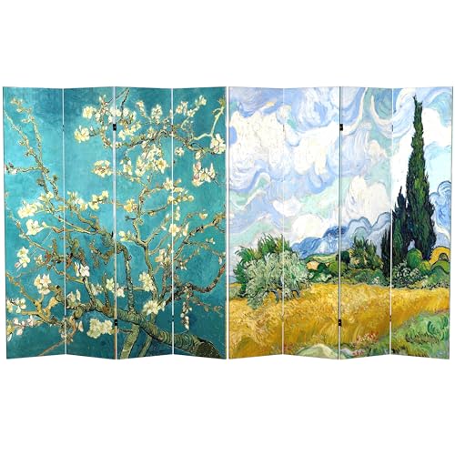 Red Lantern Double Sided Works of Van Gogh Canvas Folding Screen - Almond Blossoms/Wheat Field, 6 ft Tall - 4 Panel Red Lantern