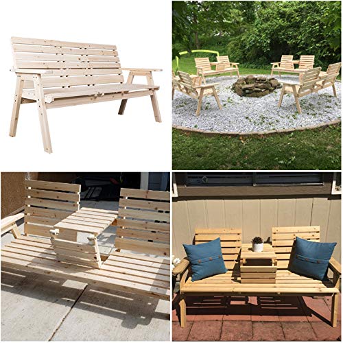 Kdgarden Cedar/Fir Log Wood Patio Garden Bench with Foldable Table, Outdoor Wooden Porch 3-Seat Bench Chair for Garden Balcony Patio Backyard, Natural Finish Kdgarden