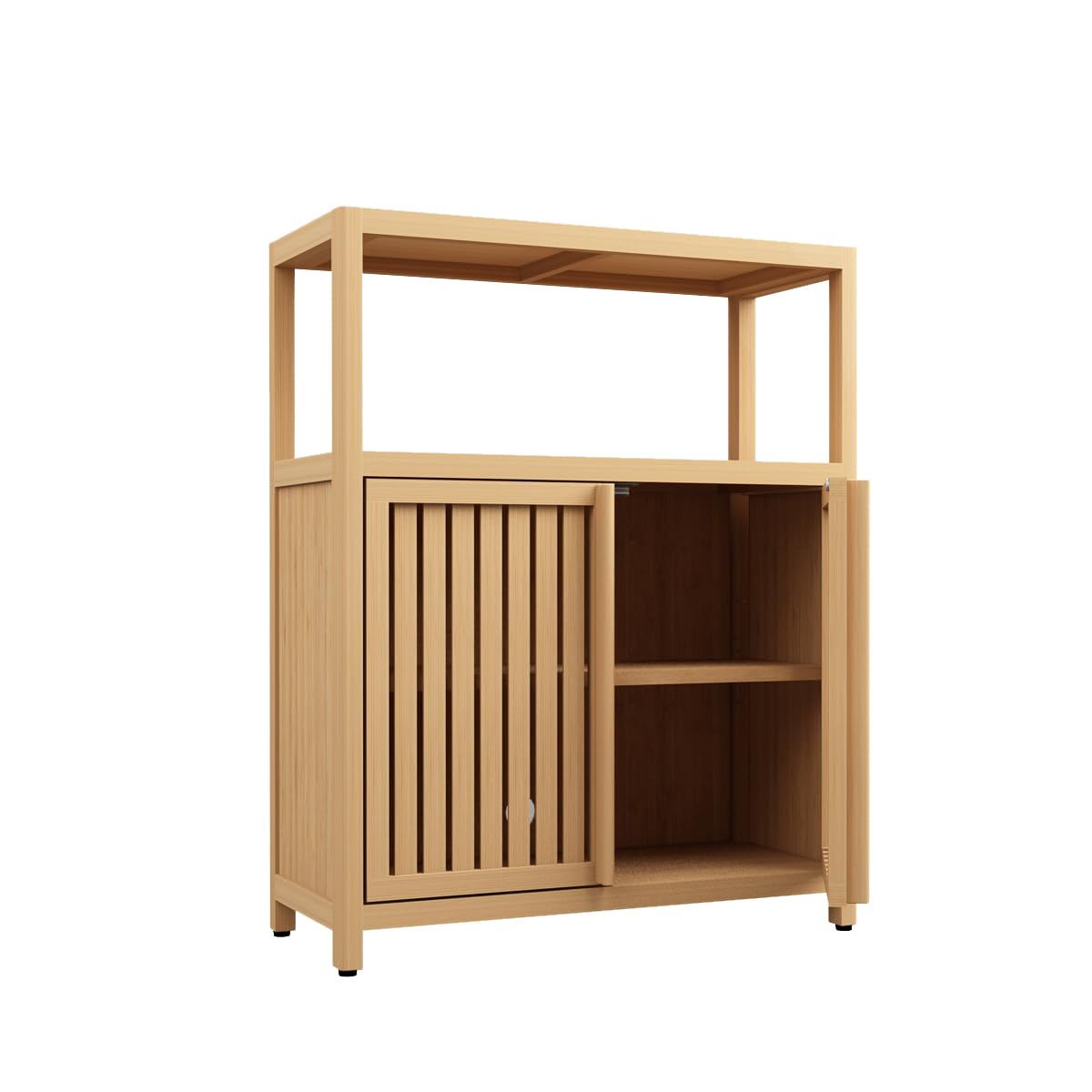 GOAWGO Bamboo Bathroom Storage Cabinet Freestanding Floor Cabinet with Double Slatted Doors with Adjustable Shelf and Open Shelf Side Storage Organizer for Bathroom, Living Room, Hallway, Kitchen GOAWGO
