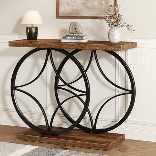 knoworld 39.4" Console Table, Industrial Entryway Table with Anti-Tilt Design, Narrow Wood Accent Sofa Table Behind Couch with Double Circle Base for Entryway, Living Room, Hallway, Foyer knoworld