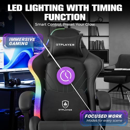 GTPLAYER Gaming Chair, Computer Chair with RGB LED Lights, High Back Ergonomic Chair for Adults with Footrest, Reclining Office Chairs, Linkage Armrest, Black GTPLAYER