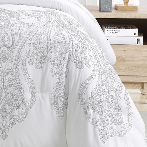 Sunshine Nicole Reversible Comforter Set, Brushed Microfiber Fabric with Embroidery for Front and Printed Microfiber Fabric for Reverse, 3 Pieces Grey White King Sunshine Nicole