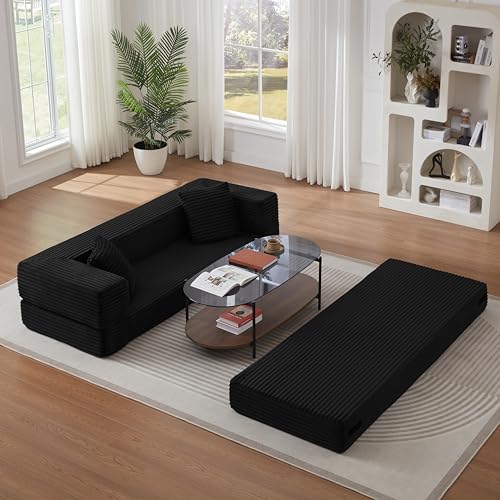KEIKI 78" Futon Folding Sofa Bed, 4-in-1 Boneless Couches for Living Room, Oversized Comfort Corduroy Upholstered Sleeper Pull Out Bed for Small Space Bedroom Lounge, Removable Armrests, Black KEIKI