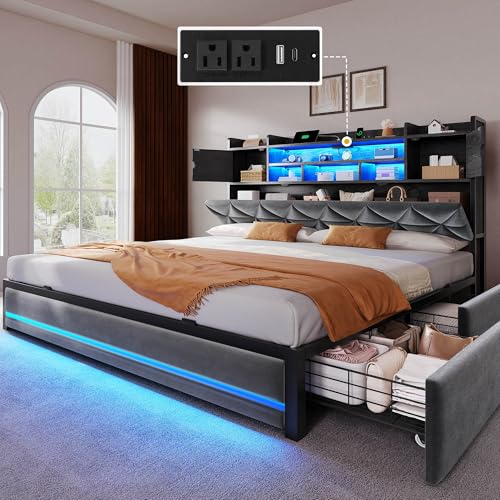 DWVO King Size Bed Frame with RGB LED Lights & Storage Bookcase Headboard, Upholstered Bed with Charging Station and 4 Drawers, No Box Spring Needed, Easy Assembly, Noise-Free, Velvet Grey DWVO