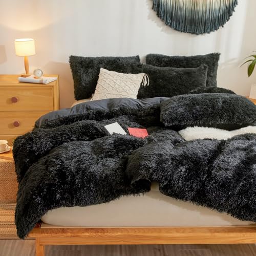 Besfunny Fluffy Faux Fur Black Comforter Cover Queen Set – Plush Fluffy Black Bedding 3-Piece Set (1 Duvet Cover + 2 Furry Pillow Shams) Cozy Bed Set Besfunny