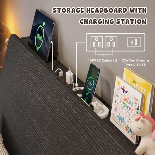 Einhomn Twin Bed Frame with Ergonomic Wooden Storage Headboard, LED Bed Frame with Charging Station, 12" UnderBed Storage, Heavy-Duty Metal Base, No Box Spring Needed, Easy Assembly, Black Einhomn