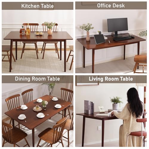 BAKEVE Bamboo Dining Table for 4-6-8 Person- 55'' Solid Wood Kitchen Table, Mid Century Modern Desk, Farmhouse Rectangular Dining Room Table for Living Room, Office, Kitchen and Study (Walnut) Baveke