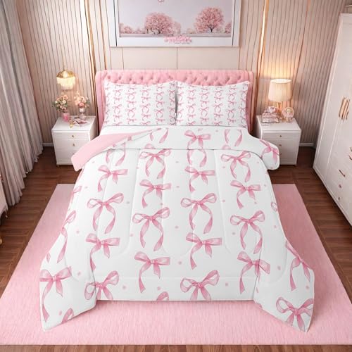 Erosebridal Cute Pink Bow Twin Bedding Set for Girls,Ribbon Bow Knot Comforter Set for Kids Kawaii Room Decor,Princess Bowknot Bed Set Girly Pink Bows Bedding Comforter Sets,1 Pillowcase Erosebridal
