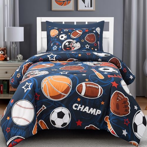 Wink Deer Twin Comforter Set for Boys-5 Pieces Sports Ball Games Glow in the Dark Twin Bedding Sets for Kids, Ultra Soft Bed in A Bag with Sheets Wink Deer