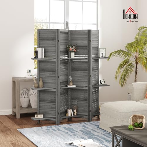 HOMCOM Room Divider, 4 Panel 67" Tall Wood Privacy Screen with 3 Display Shelves, and Folding Storage for Bedroom or Home Office, Gray HOMCOM