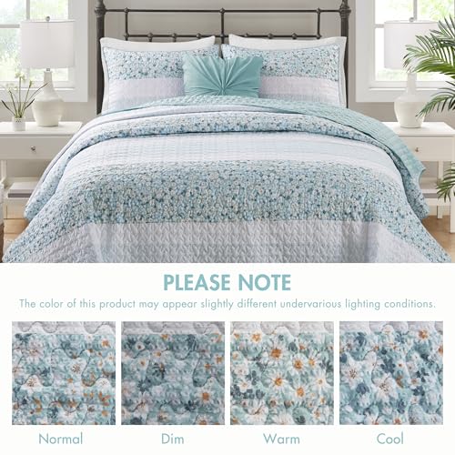 Madison Park Queen Quilt Set, Seersucker Floral Coverlet, All Season Lightweight Microfiber Bedding Quilt Set, Vermicelli Quilting Design, Throw Pillow, Caralie, Full/Queen Aqua 4 Piece Madison Park