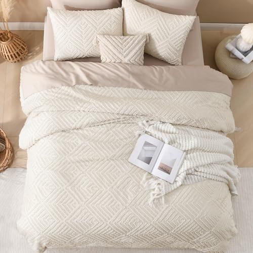 Andency Queen Comforter Set Beige, 3 Pieces Queen Size Comforter Sets Boho Cream Solid Bedding Set & Collections, All Season Tufted Farmhouse Bed Comforter Set (90x90 in Comforter & 2 Pillowcases) Andency