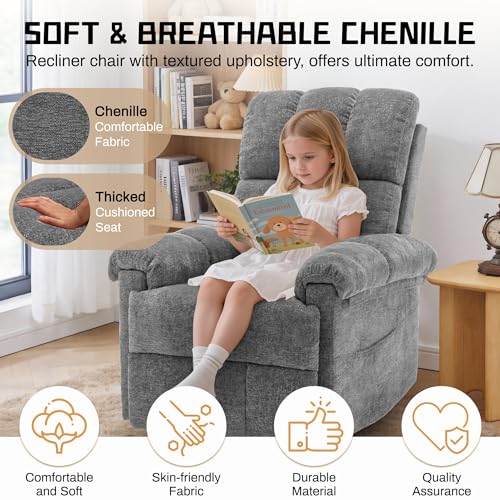 Korser Recliner Chair, Living Room Recliner Chairs for Adults, Small Recliners for Small Spaces, Upholstered Manual Recliner with Side Pockets, Modern Nursery Chair for Living Room, Chenille, Grey