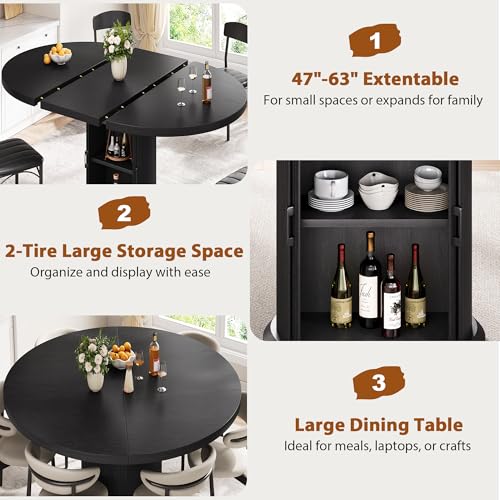 Jocoevol 47β³β63β³ Extendable Round Dining Table for 4β8 with Dust-Proof 2-Tier Storage Shelf Space Saving Expandable Wood Oval Circle Dinner Furniture with Pedestal Base (Black) Jocoevol
