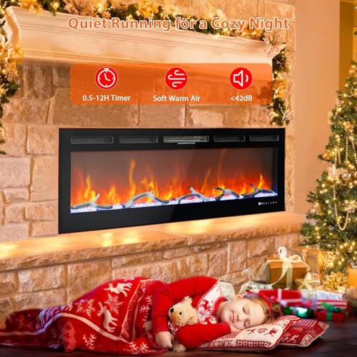 50 Inch Smart Electric Fireplace with Alexa & WiFi, Wall Mounted/Recessed Insert, 1500w Heater, Remote & Touch Control, 25 Flame/Ember Colors, Timer & Adjustable Heat, Black Takywep