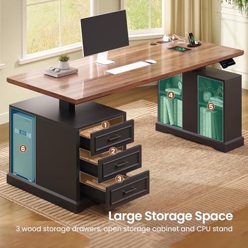 SEDETA Farmhouse Electric Standing Desk, 63" Height Adjustable Computer Desk with 3 Drawers, Storage Shelves, Power Outlets, Wood Home Office Stand up Desk for Work, Study, Writing, Black SEDETA