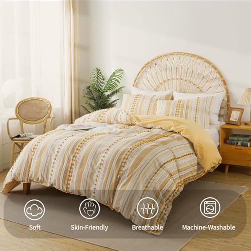 Washed Cotton Twin Size Duvet Cover Set - Tufted Dots Boho Chic Bedding for All Seasons, Striped Bohemain Bedding Linen Like Textured Breathable Durable Soft Comfy (Yellow, 66''x90'') La Sheer