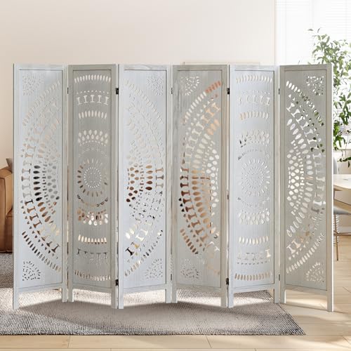 Asnefeli 6 Panel Room Divider, Wood Carved Room Divider and Privacy Screen, Folding Room Partition Screen for Room Separation Home Bedroom Office Restaurant Portable Freestanding (Retro White) Asnefeli