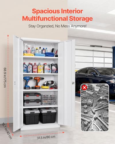 VEVOR Metal Storage Cabinet, Lockable Steel Garage Cabinet with Adjustable Shelves, 2 Magnetic Doors, 2 Keys, 5-Tiers Tool Storage Locker for Home, Office, School, Warehouse, Basement, Laundry, White VEVOR