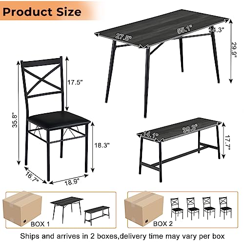 VINGLI 55in Modern Dining Table Set for 6, Rectangular Kitchen Dining Table, Bench, 6 Piece Wooden Dinner Table Set with Upholstered Chairs for Kitchen, Dining Room, Apartment - Dark Grey VINGLI